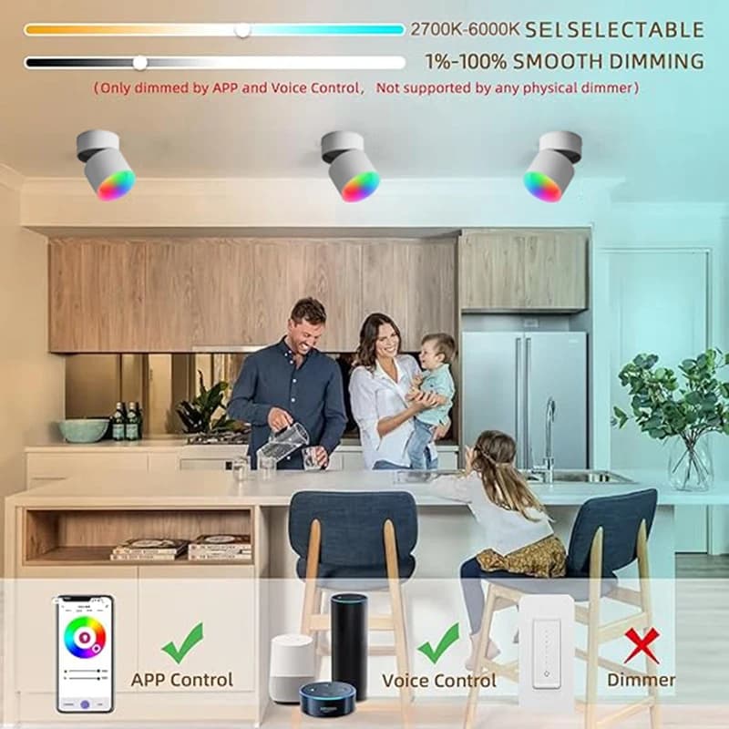 Spot de plafond LED COB réglable à 360 °, Smart RGBCCT, Downlight ,Stepless Dimmable, nous-mêmes ave