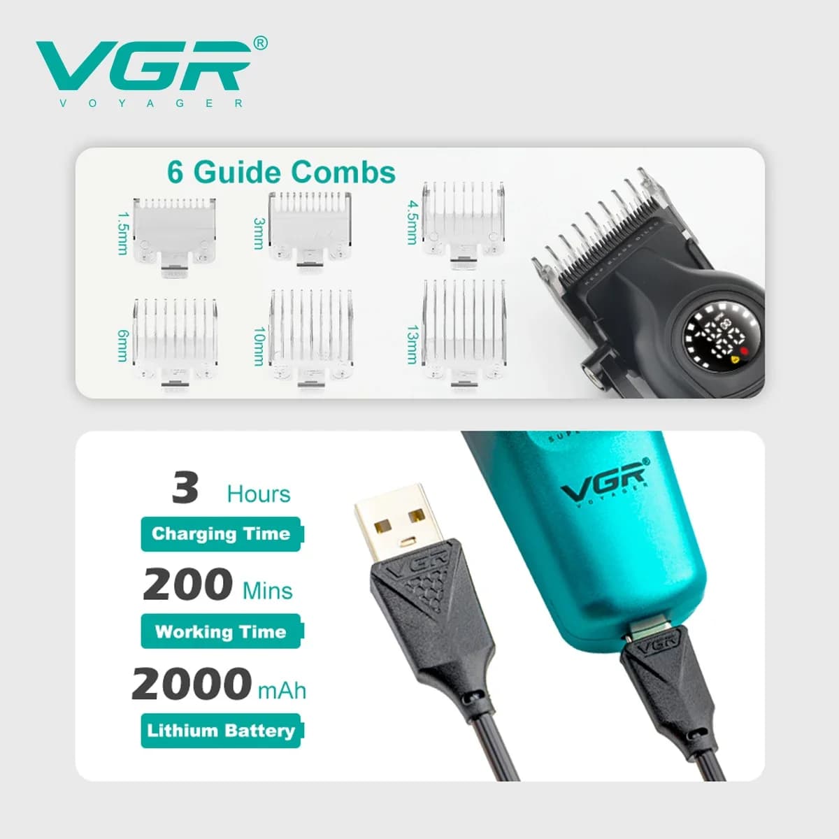 VGR V196 tondeuse à cheveux professionnelle pour hommes lame DLC affichage LED sans fil USB lame en 