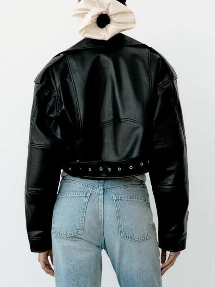 BBWM femmes surdimensionné Vintage ample Pu Faux cuir veste courte avec ceinture Streetwear femme fe