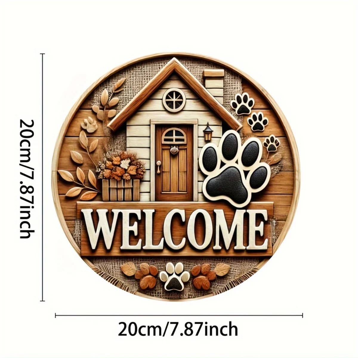 Adorable imprimé de patte de chiot et Design de maison, panneau de bienvenue en bois rond de 8x8 pou
