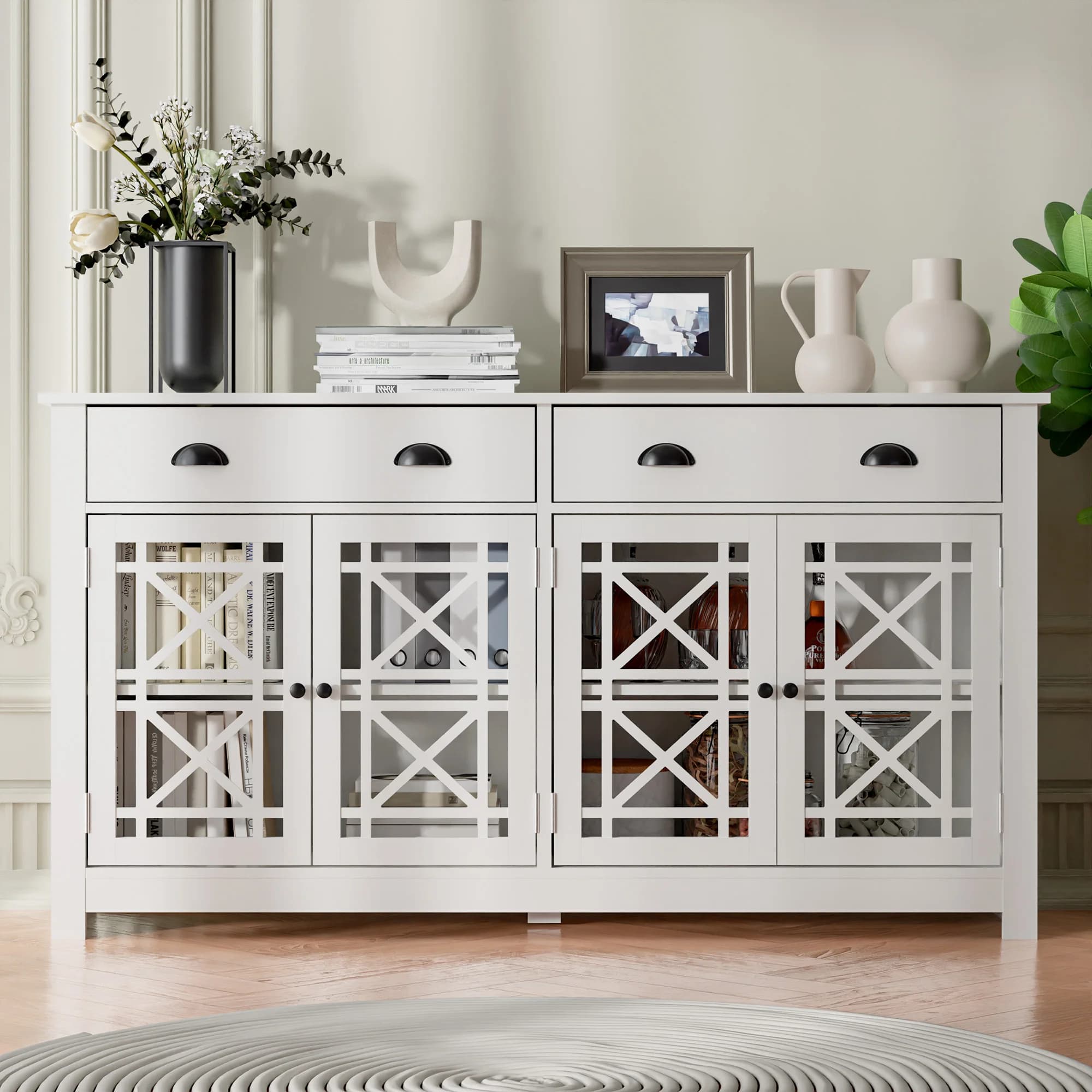 Buffet en bois avec 4 portes en verre acrylique, armoire de bar autoportante, armoire de planche mod