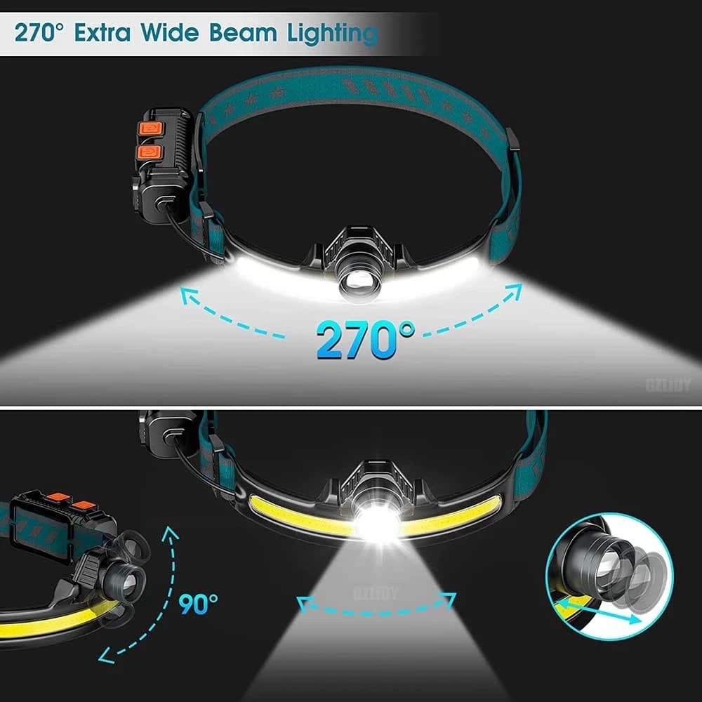 Lampe frontale LED à capteur d'onde, puissante lampe frontale XPG + COB avec batterie 18650 intégrée