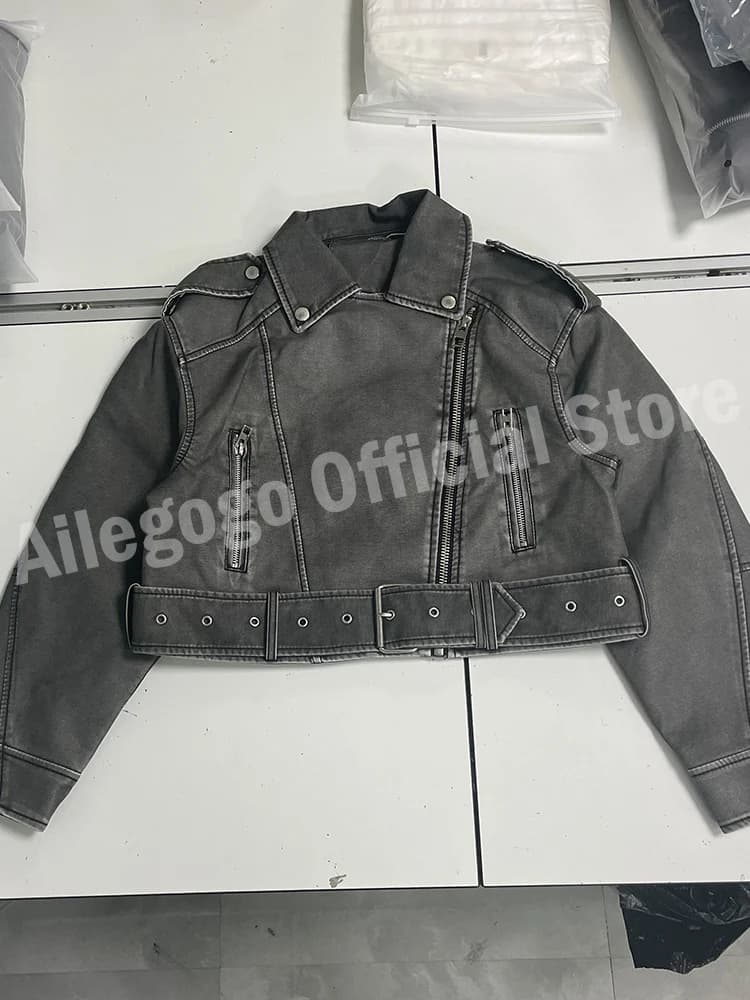 Ailegogo femmes Vintage ample lavé Faux cuir veste courte Streetwear femme fermeture éclair ceinture