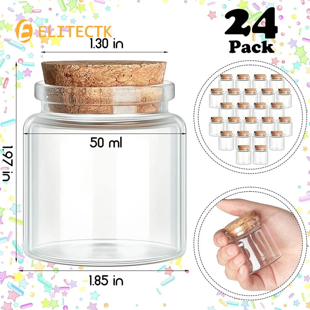 Lot de 24 petites bouteilles en verre avec bouchon en liège, 50 ml/1,7 oz, petits pots en verre, bou