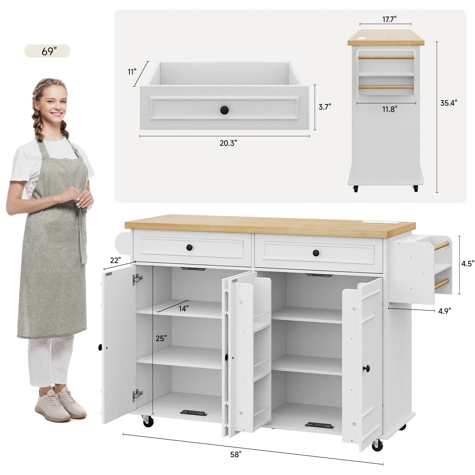 Chariots roulants pour îlots de cuisine mobiles de 60 pouces, Table d'îlot de cuisine, chariots de m