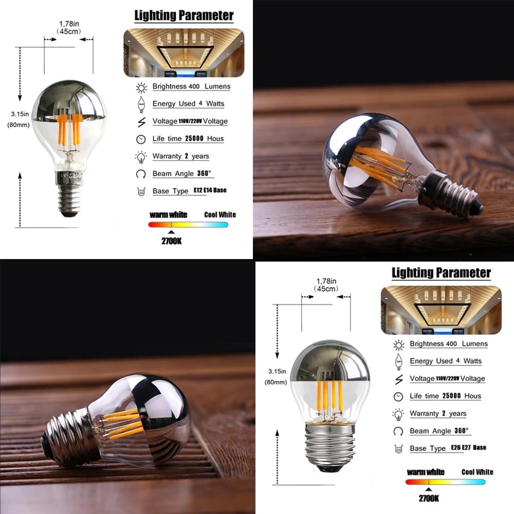 Ampoule Led Vintage E14, miroir argenté G45 4W, ampoule à Filament E27, variable, remplaçable, blanc
