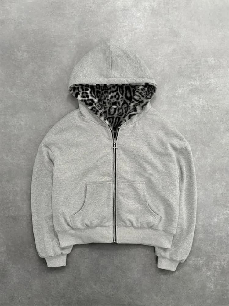 Automne/hiver léopard gris Double face sweat à capuche avec fermeture éclair hommes décontracté haut