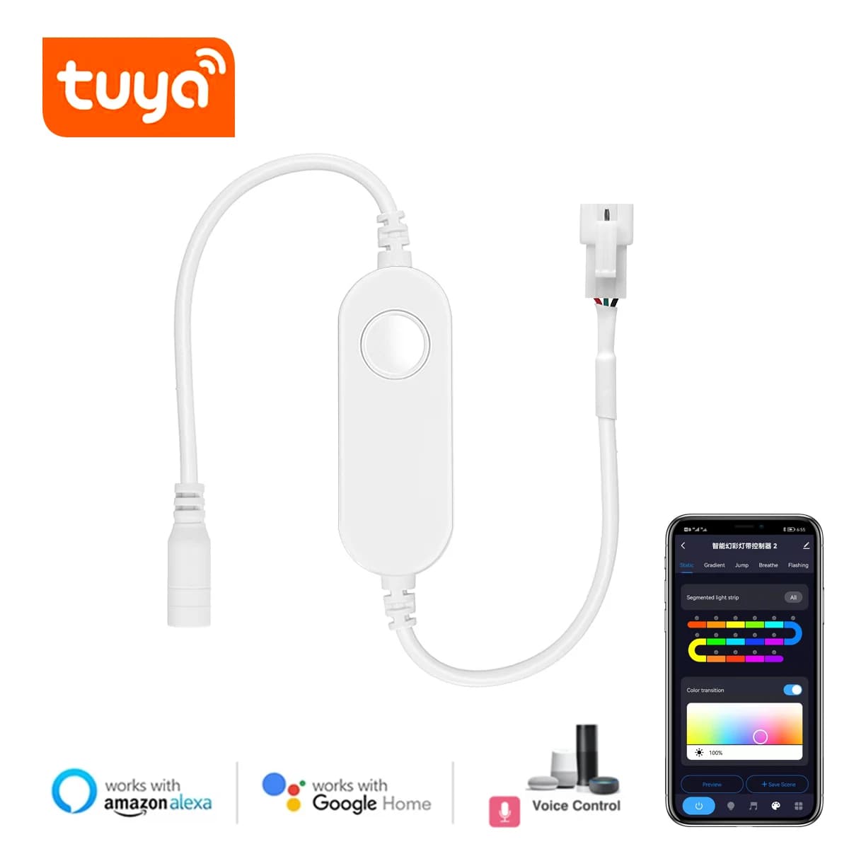 Contrôleur RGBIC LED Wifi 12V/24V, application Tuya, fonctionne avec Alexa/Google Home/vie intellige