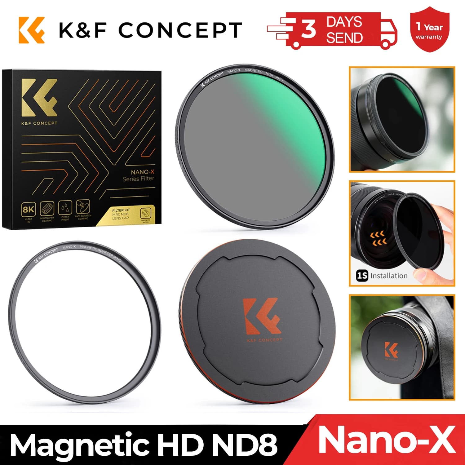 Filtre d'objectif d'appareil photo magnétique HD ND8 Nano-x K&F CONCEPT avec capuchon d'objectif, re