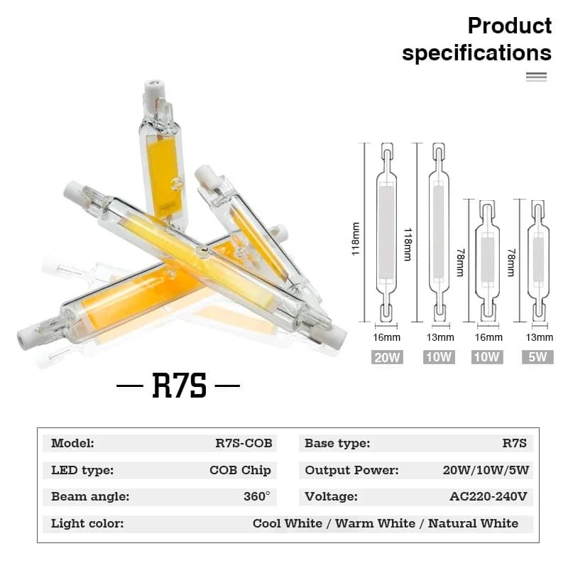 R7S LED 78mm 118mm R7s ampoule 5W 10W 20W COB verre Lampada lampe à LED 110V 220V maïs lumière écono