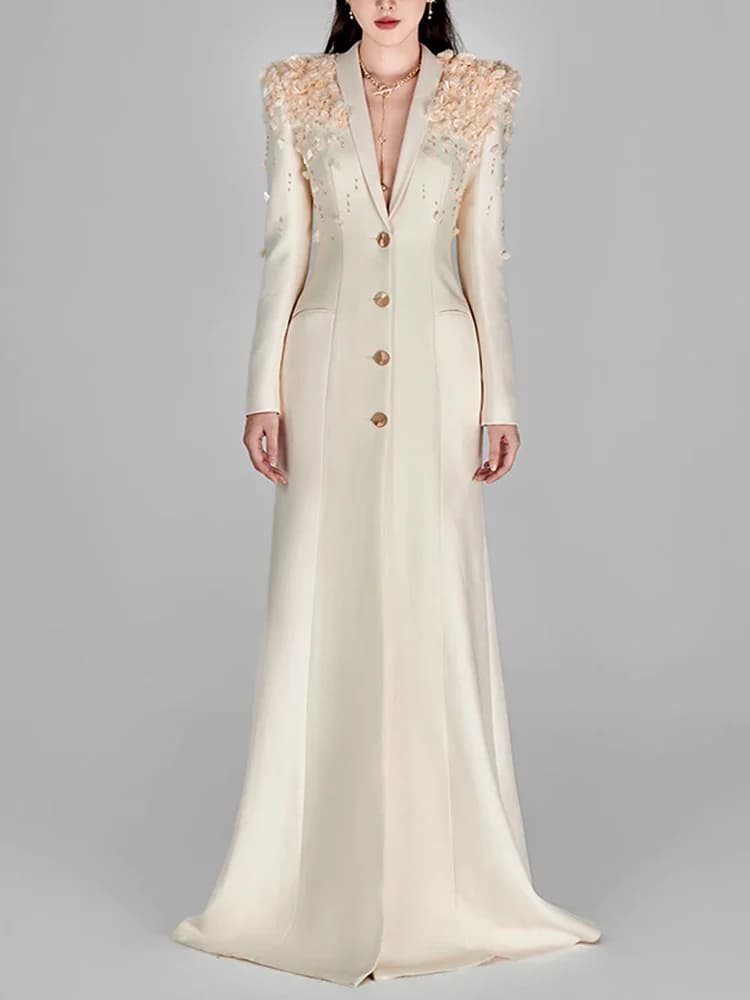 Haute qualité nouvelle mode 2025 Designer Maxi robes femmes à manches longues superbes fleurs Appliq