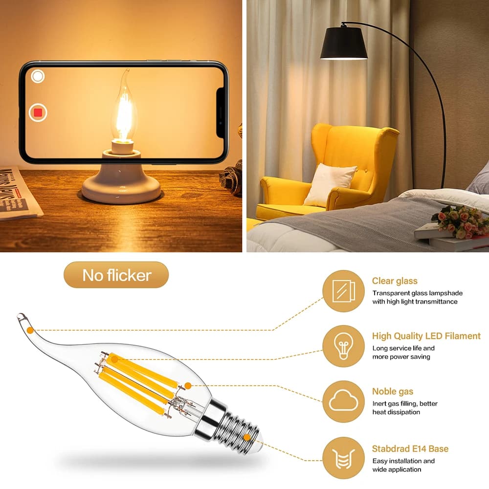 Ampoule de nuit en verre transparent C35, E14 E12 4W 6W, Filament LED blanc chaud, pointe courbée po