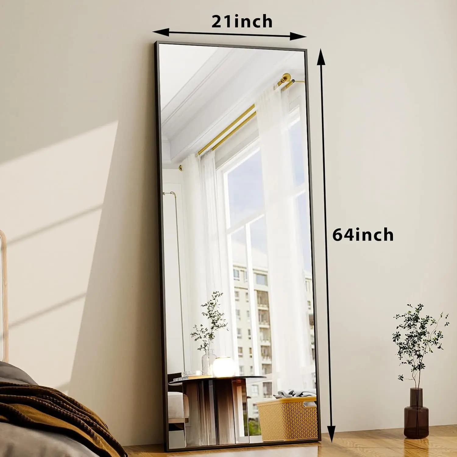 Miroir de sol Miroir pleine longueur - Rectangle 21" x 64", cadre en aluminium mural autoportant et 