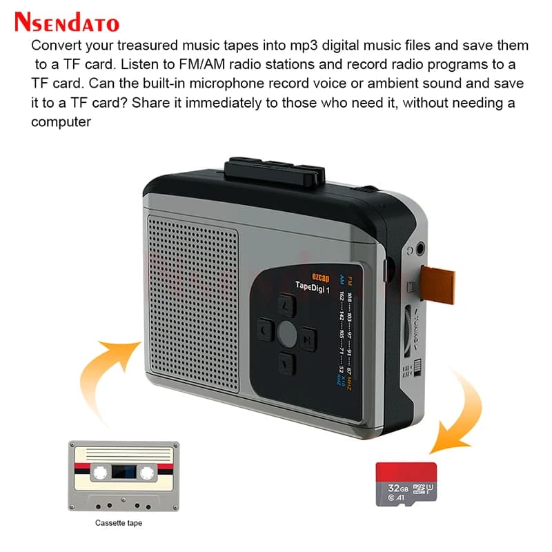 Ezcap234 Lecteur de cassettes original avec convertisseur MP3, haut-parleur, radio AM/FM, enregistre