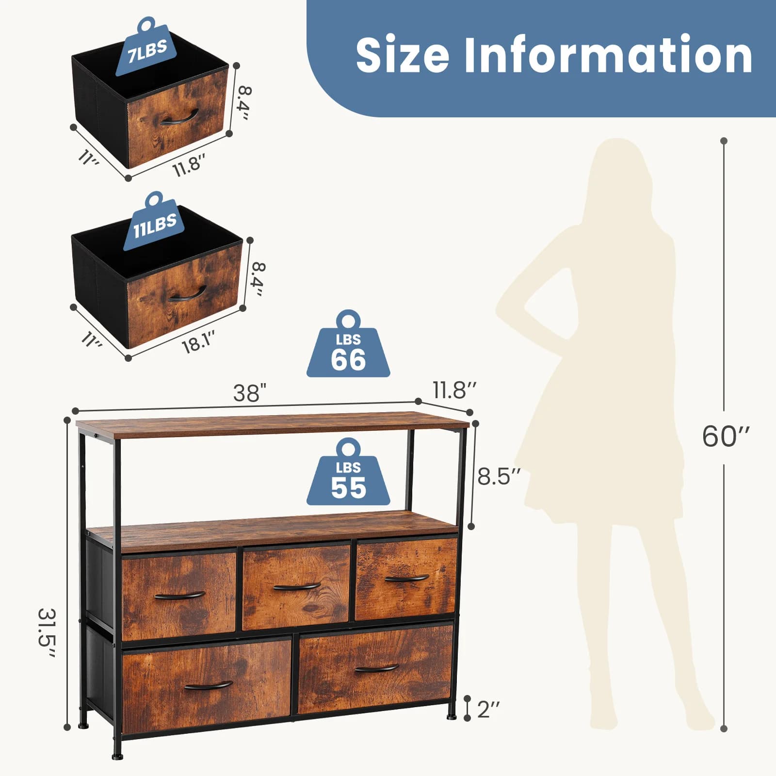 JHK cheminée meuble TV commode pour chambre à coucher avec 5 tiroirs en tissu placard de rangement p