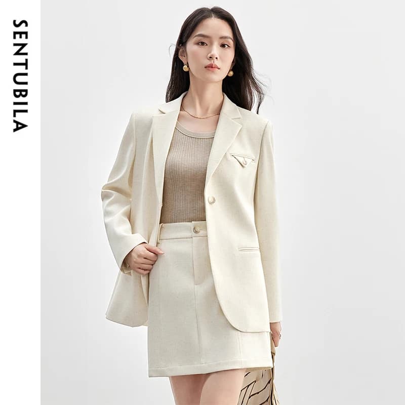 SENTUBILA femmes jupe costumes lin mélange épaulettes simple bouton Blazer solide élégant Mini jupes