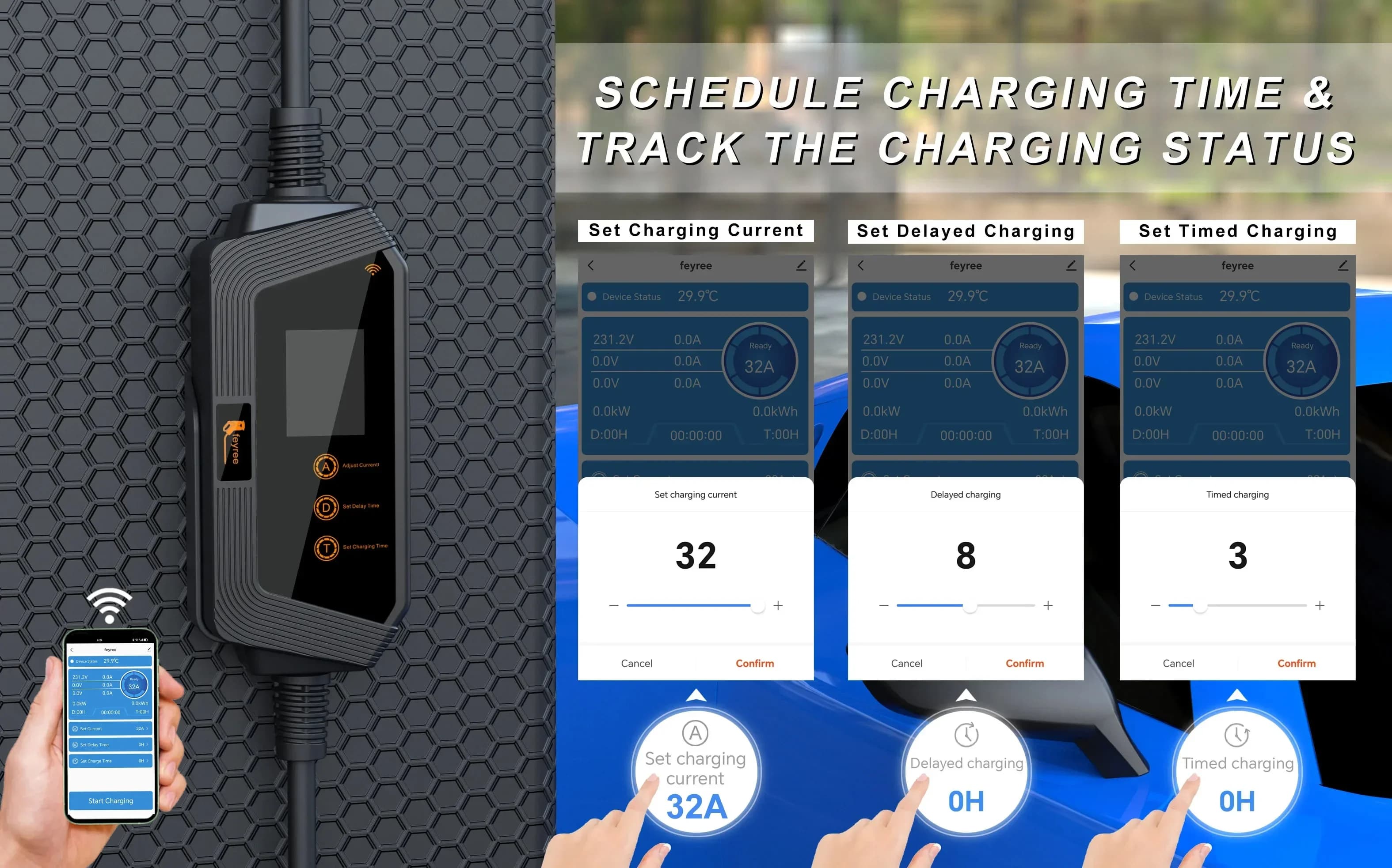 Feyree 7KW 32A chargeur EV réglable prise GBT APP Version Bluetooth ensemble temps de charge boîte d