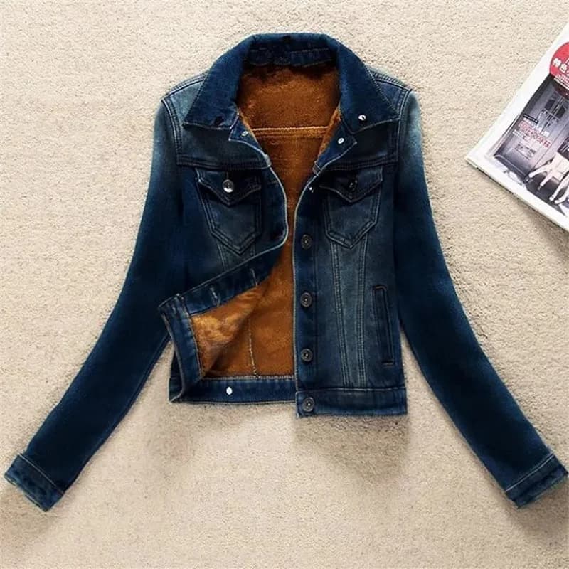 Veste en Jean polaire pour femme, manteau court à grand col en fourrure, doublure en velours épais, 