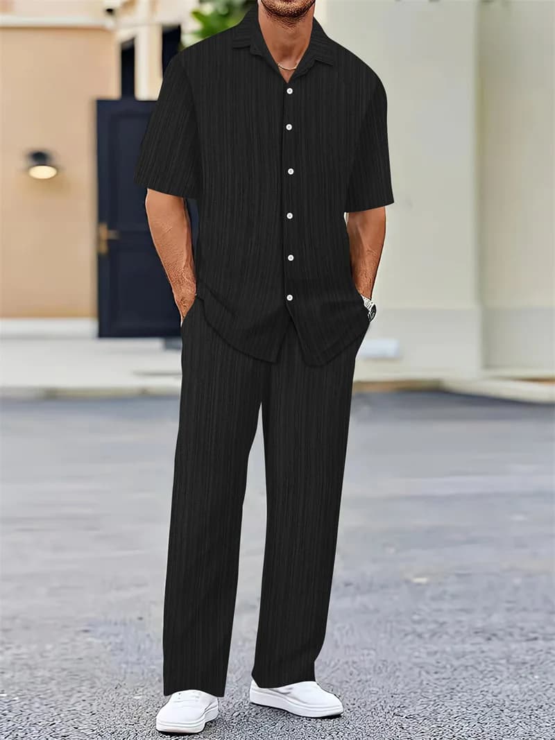 Printemps été hommes ensembles cardigan à manches courtes chemise à revers + pantalon costume hommes