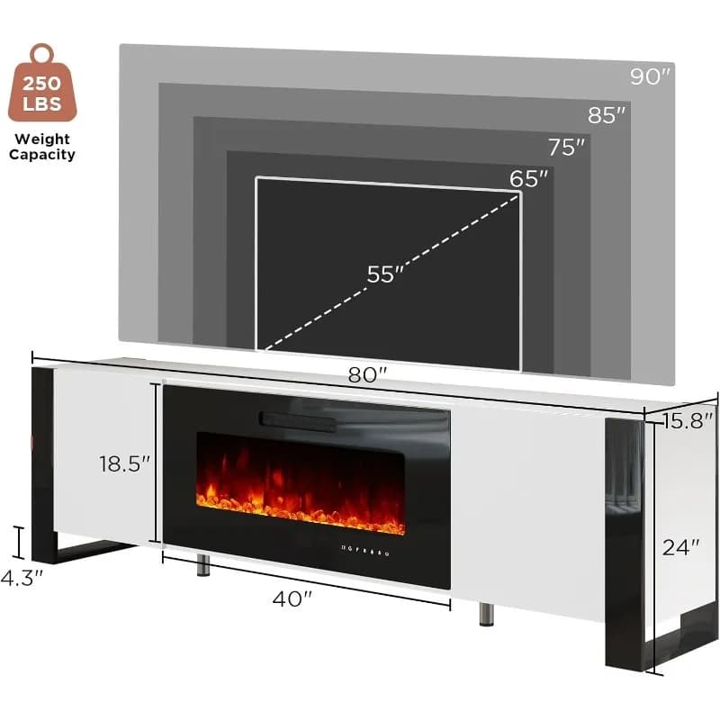 Meuble TV avec cheminée de 40 pouces, lumières LED modernes pour centre de divertissement de 80 pouc