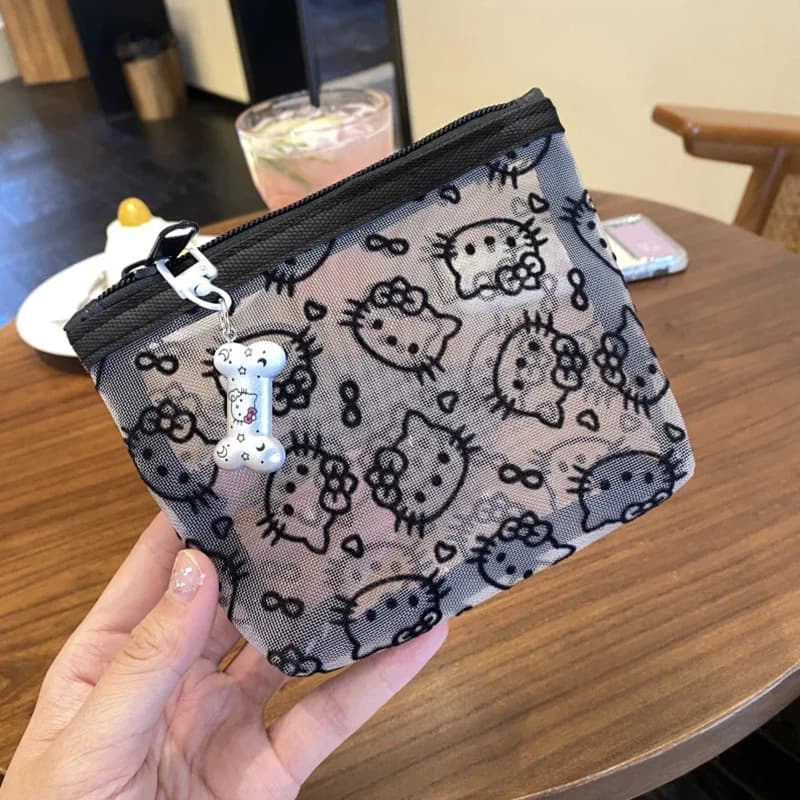 Sac à cosmétiques Kawaii Hello Kitty, style anime, sac à monnaie portable en maille, sac de rangemen