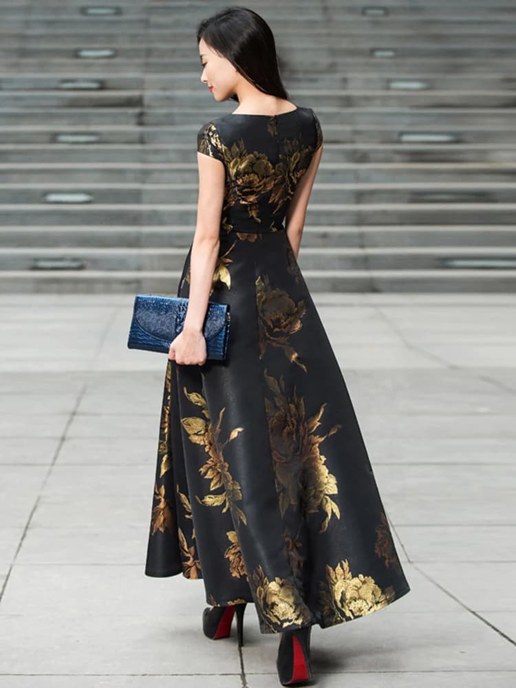Robe Jacquard Vintage Élégante pour Femmes avec une Silhouette Maxi Évasée Cintrée à la Taille, Idéa