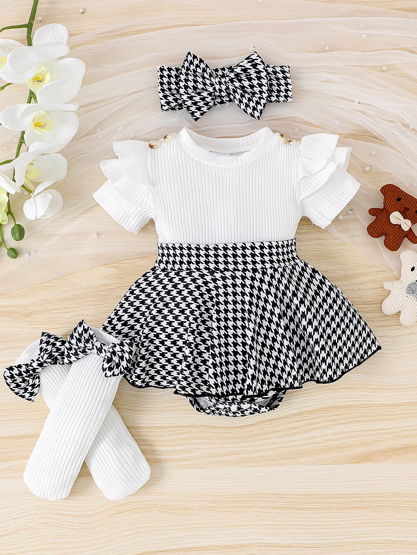 Robe pied-de-poule à manches courtes pour filles de 0 à 1 ans, 3 pièces, nouveau style, douce et rav