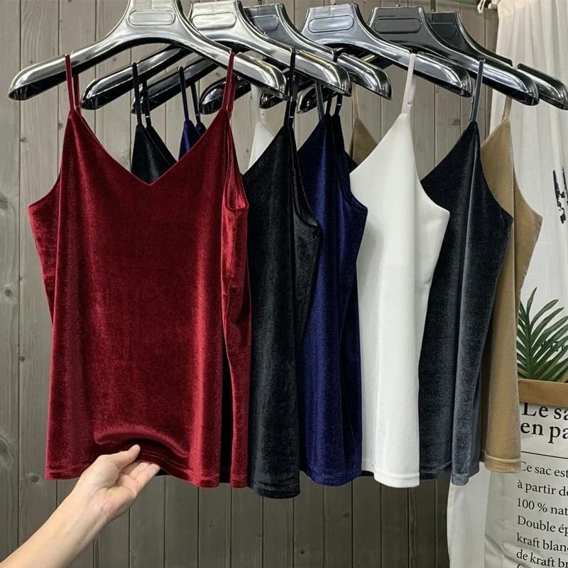 Femmes solide velours Camis gilet femmes débardeurs femme 2026 été Sexy sangle hauts basiques mince 