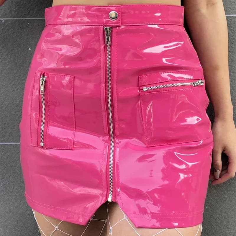 Mini jupe courte en cuir verni brillant pour femmes fermeture éclair fendue Faux Latex Sexy rose noi