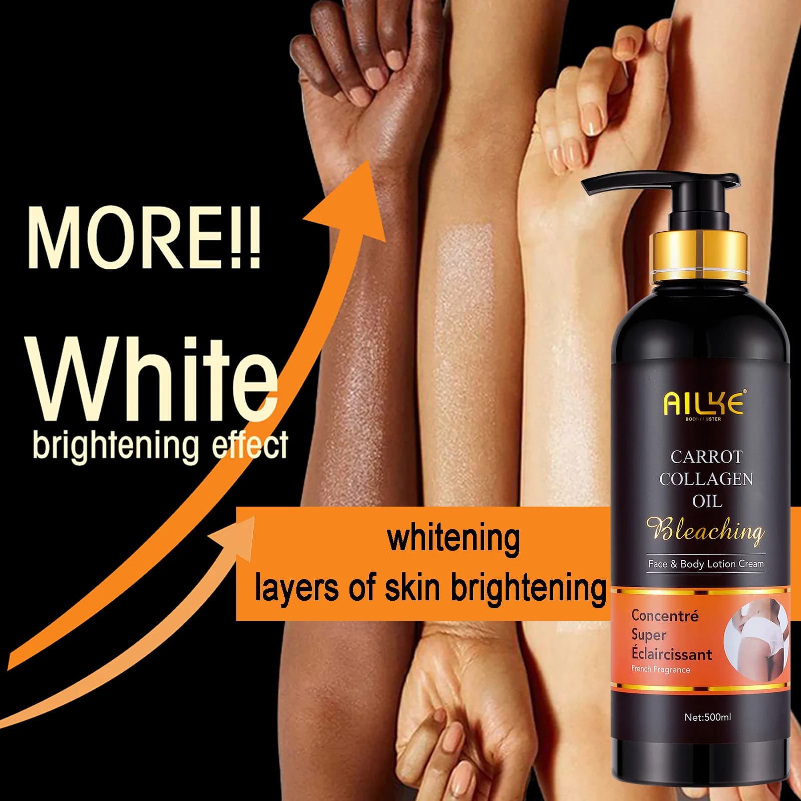 Lotion corporelle éclaircissante et hydratante AILKE, pour peaux foncées et noires, avec collagène, 