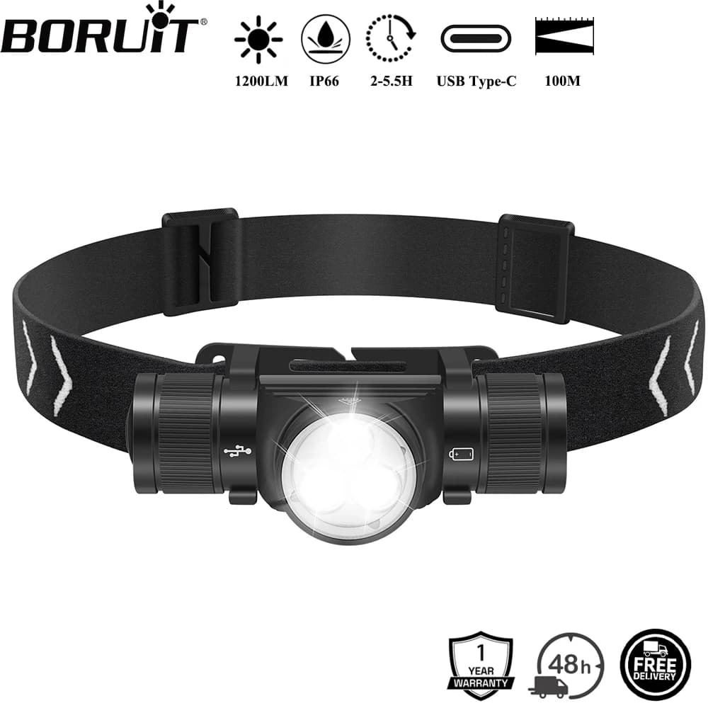 BORUiT HP330 3 * LED lampe frontale 1200LM puissant type-c rechargeable phare étanche Camping pêche 
