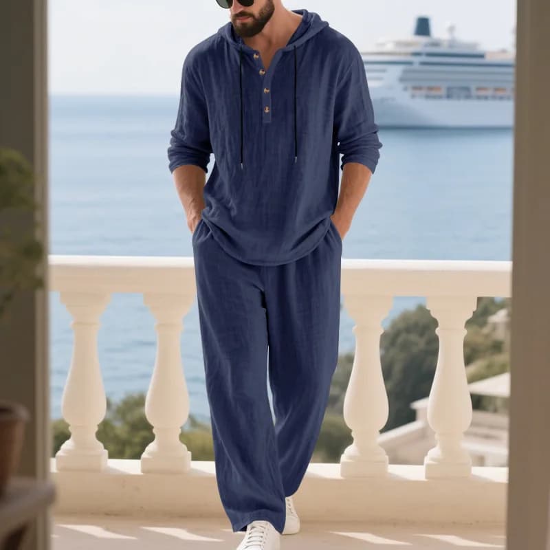 Costume décontracté en lin pour hommes, chemise Henley ample à capuche, pantalon à manches longues, 