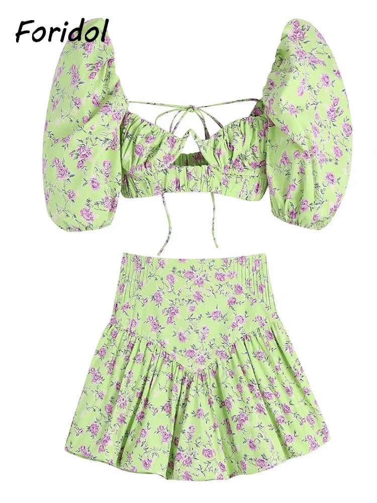Robe Corset Style français, rose, fleur, vert, ensemble, Mini, Vintage, manches bouffantes, Sexy, co