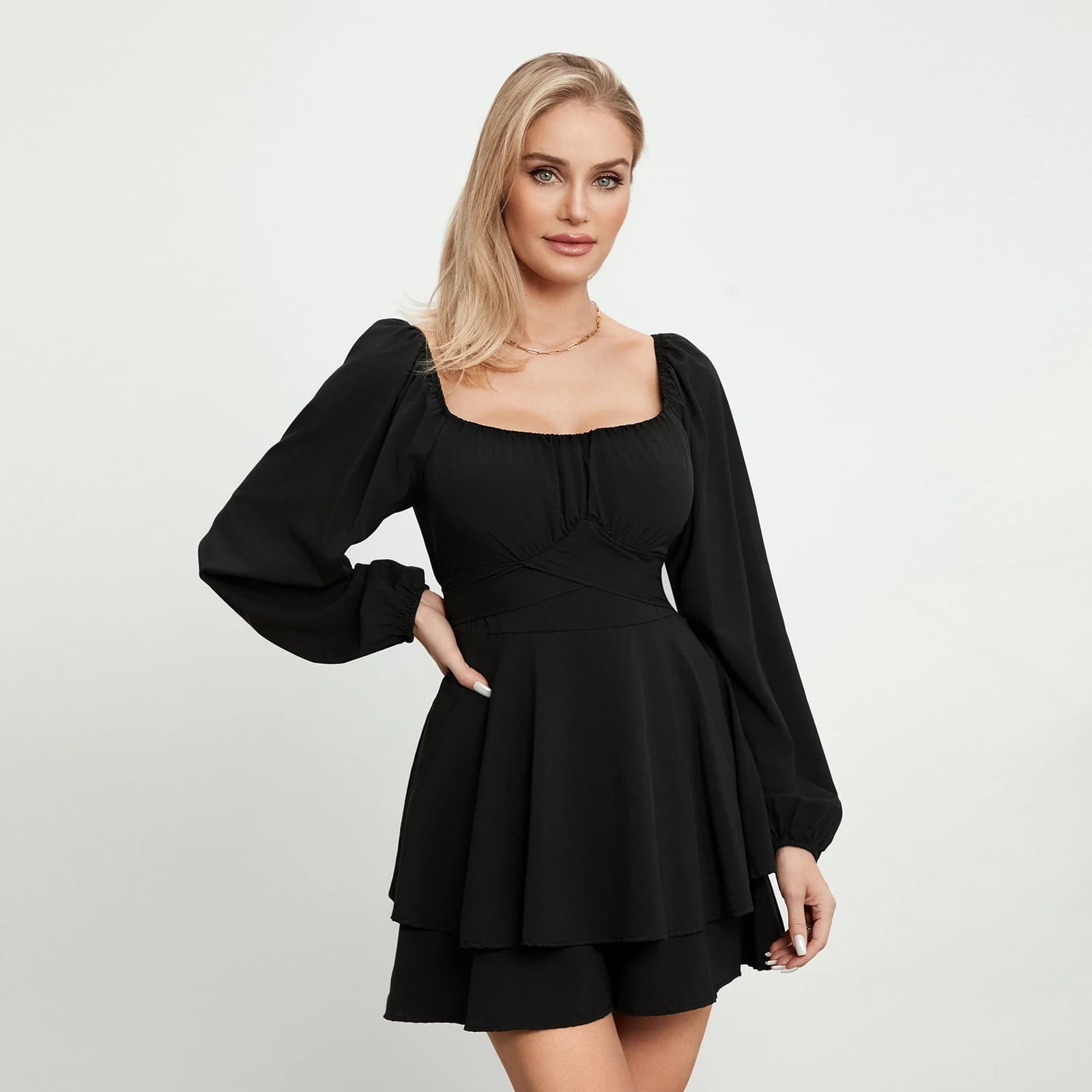 Combishort froncé à volants pour femme, manches longues lanterne, col carré, printemps, été