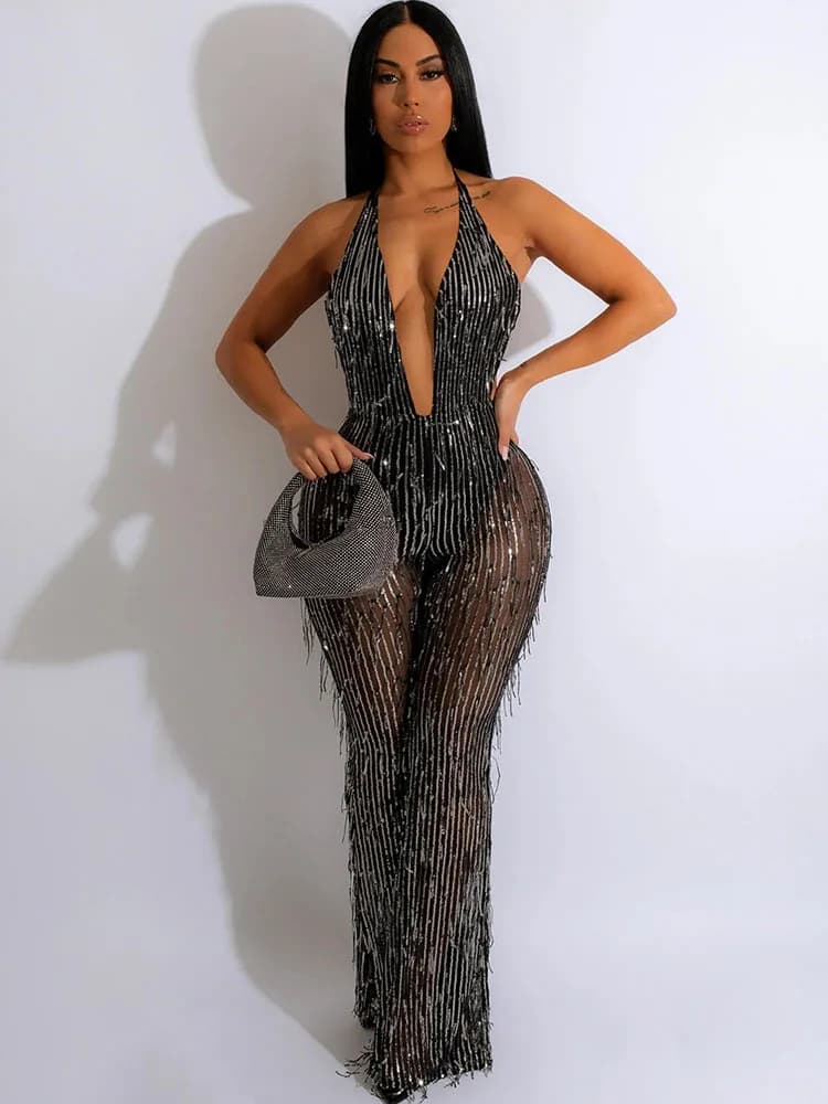 Barboteuse à paillettes pour femmes, combinaison Sexy à paillettes, dos nu, salopette en maille tran