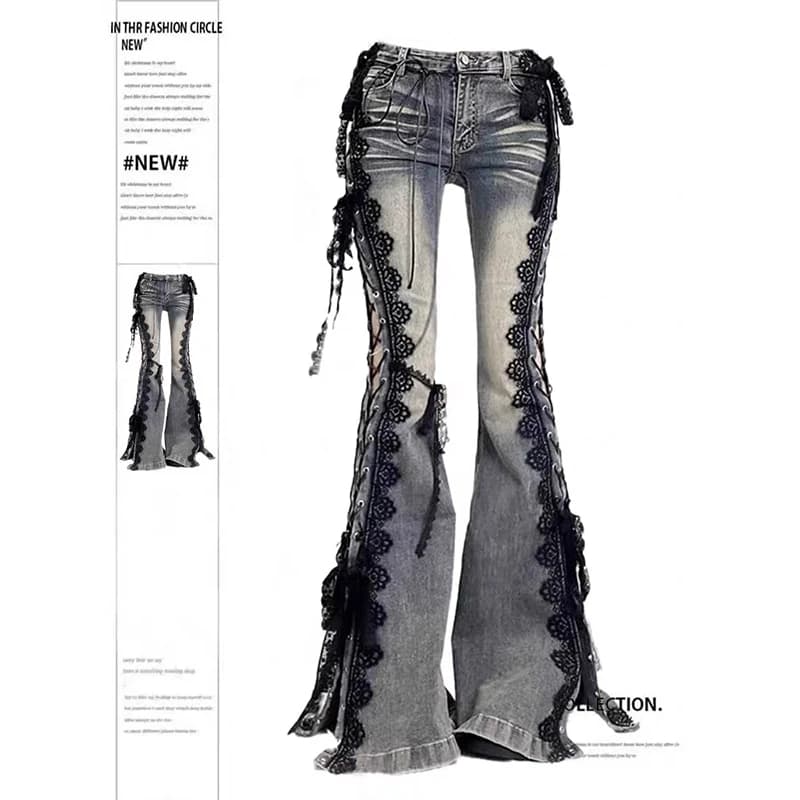 YIBASHU femmes Dark Academia Goblin Core Harajuku Y2K taille basse dentelle jean Abi Denim Flare pan