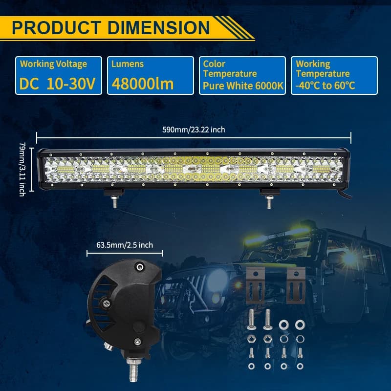 Barre lumineuse LED tout-terrain avec kit de fil de support rapide, lampes de travail pour voiture, 