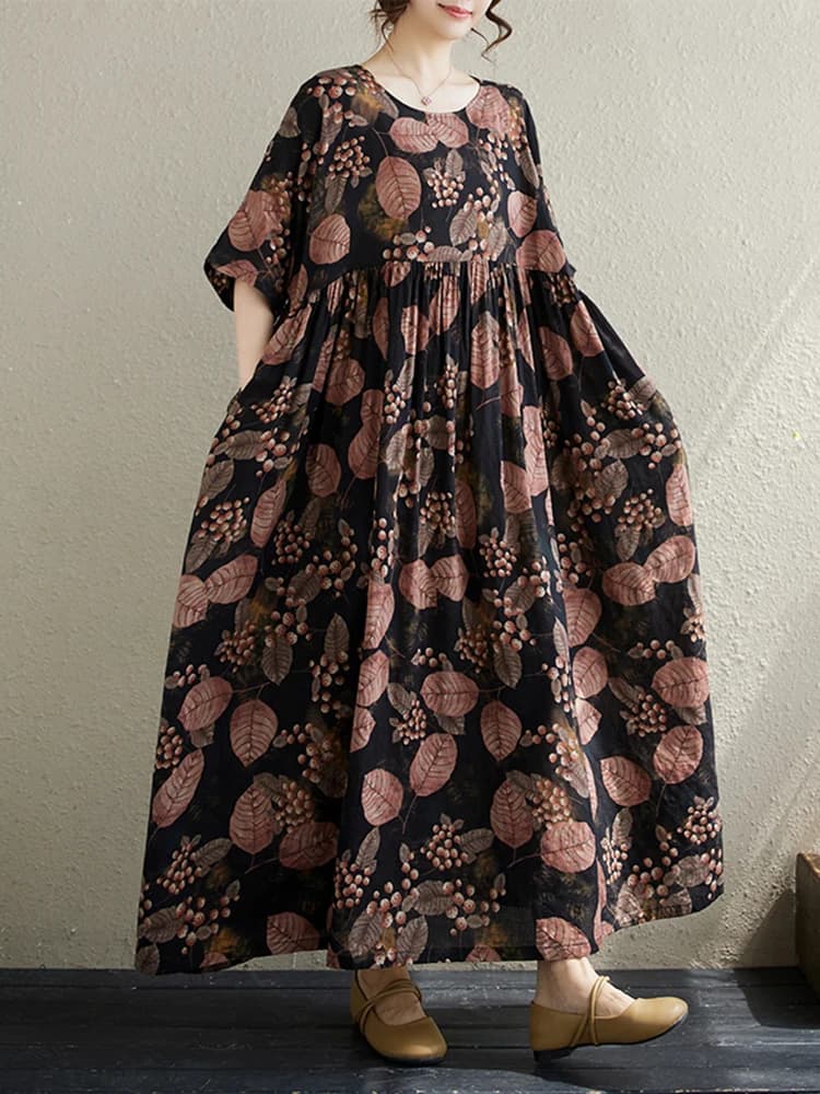 Robe longue vintage en coton à manches courtes et imprimé violet pour femme – Collection été 2026 – 
