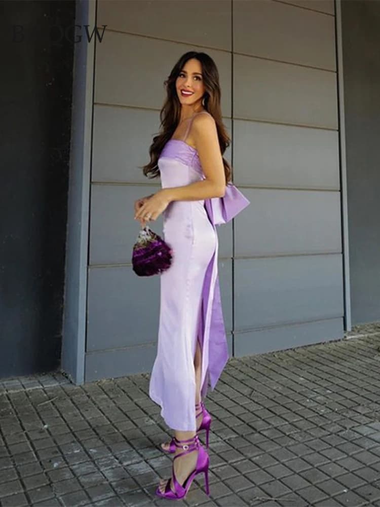 Robe mi-longue élégante à nœud papillon violet pour femmes, robe à bretelles mince, robe de soirée c
