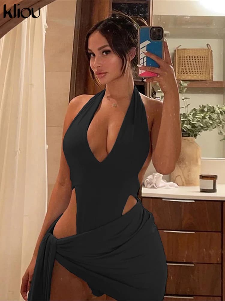 Kliou-Ensemble Deux Pièces Sexy pour Femme, Haut à Col Licou et Jupe Dos aux, Tenue de ixAjourée, Fr
