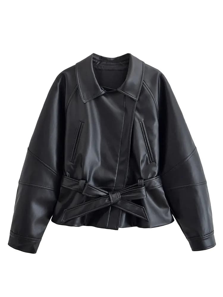 HH femmes Vintage moto veste avec ceinture Faux cuir Trench manteau à manches longues revers veste à