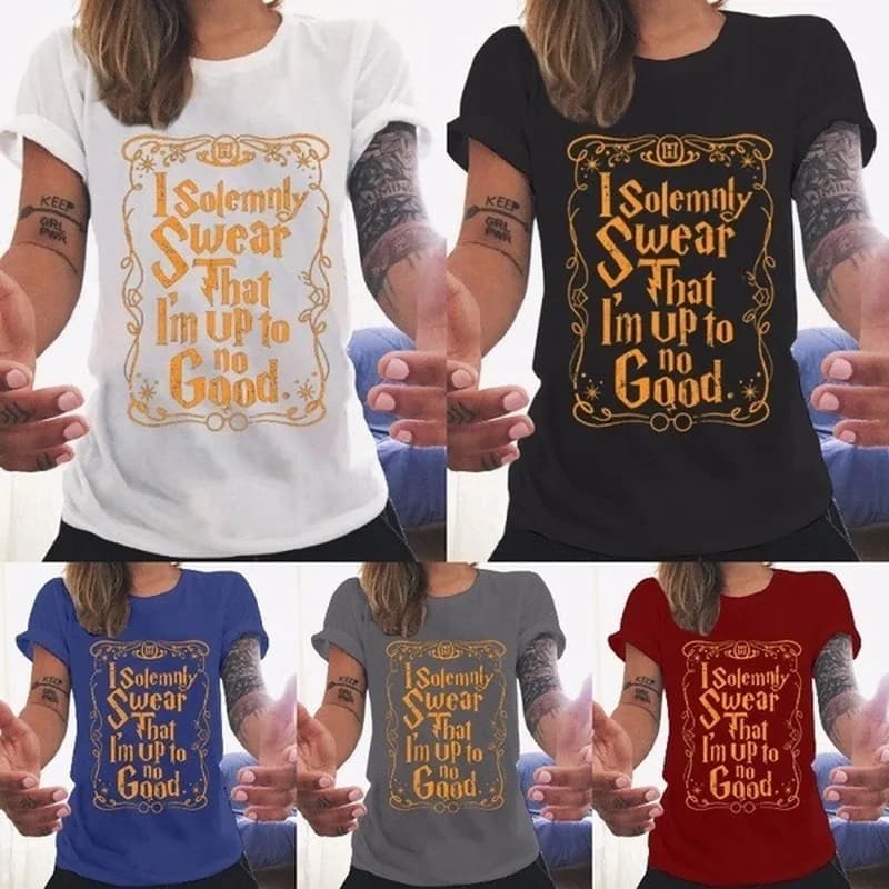 Je jure solennellement qui je suis pas de bon lettre impression t-shirt femmes à manches courtes col