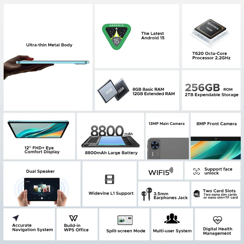 Doogee-Tablette Android 15 T36, 8 Go + 256 Go, 12 en effet, écran IPS FHD + 90Hz, Unisoc T620 Octa C