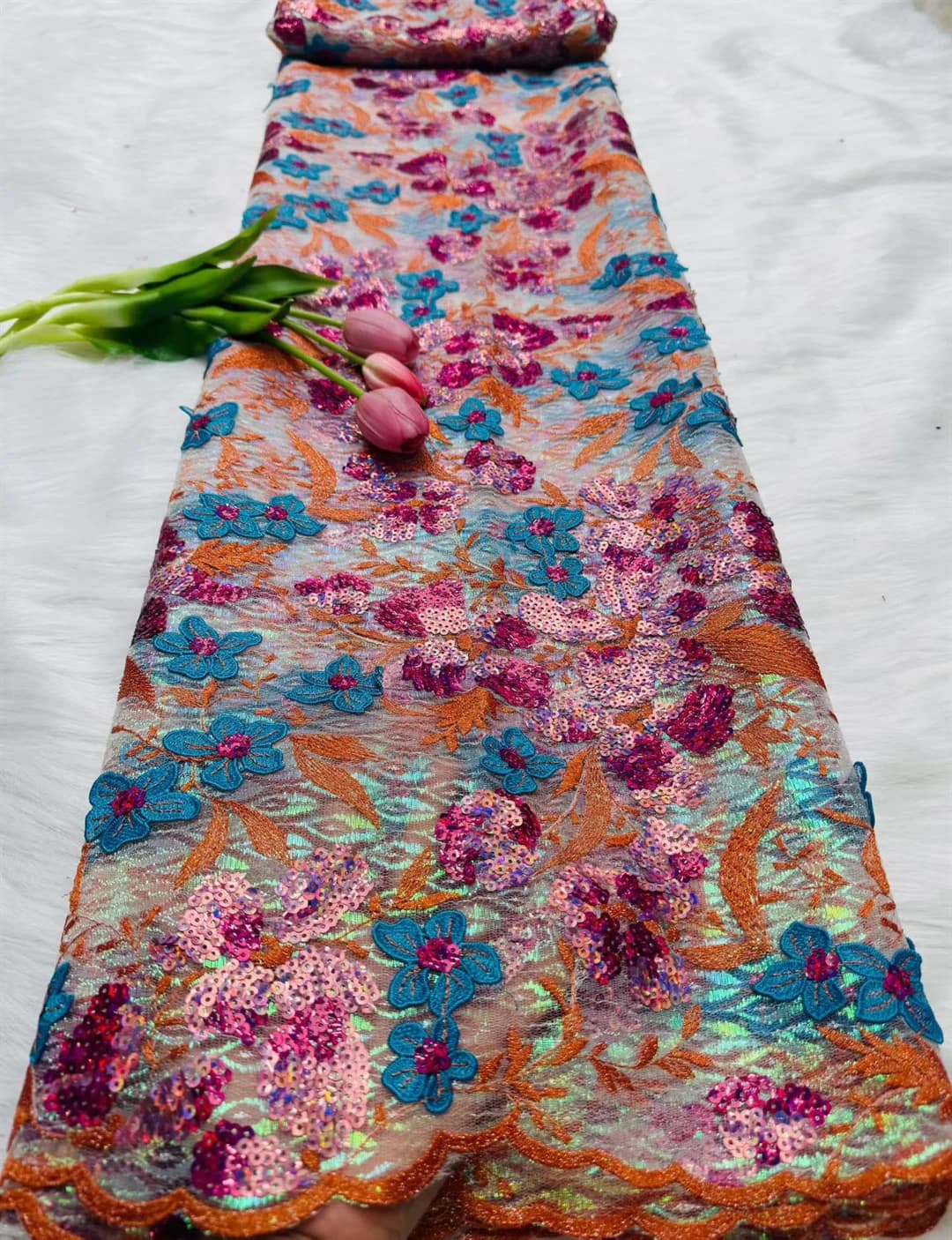 Tissu africain en dentelle floquée à paillettes, tissu nigérian en maille française pour la couture 
