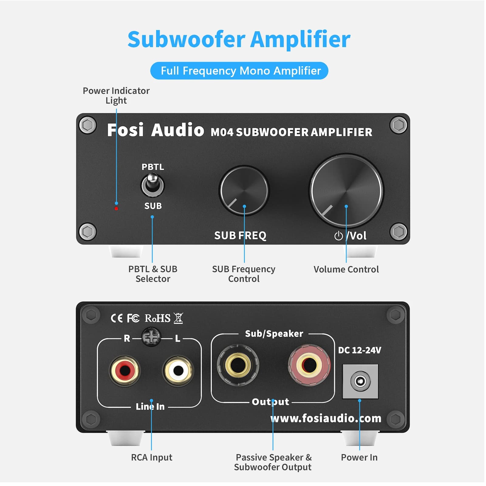 Fosi Audio Mono amplificateur caisson de basses 100W avec amplificateur de puissance de basse pour h