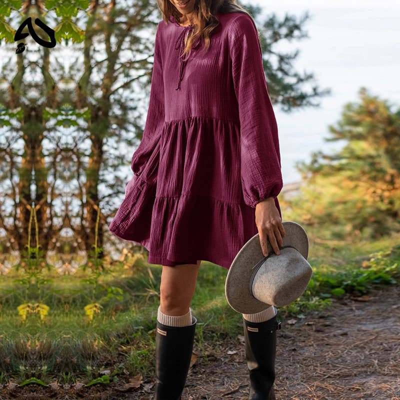 Original Robe en mousseline 100% coton, style rétro, ample, à lacets, à volants, manches longues, ve