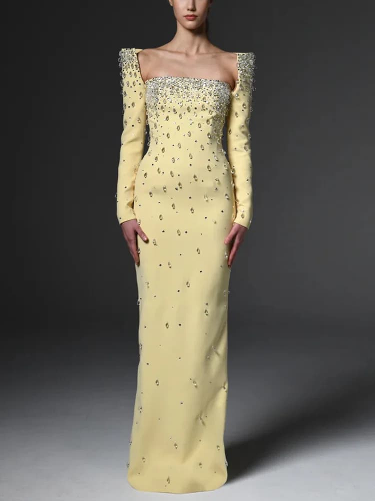 Robe longue maxi pour femme, col carré, perles et diamants, manches longues, nouvelle mode 2026, hau