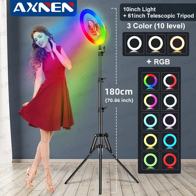Éclairage ring light RGB avec trépied télescopique, support de téléphone, anneau lumineux de photogr