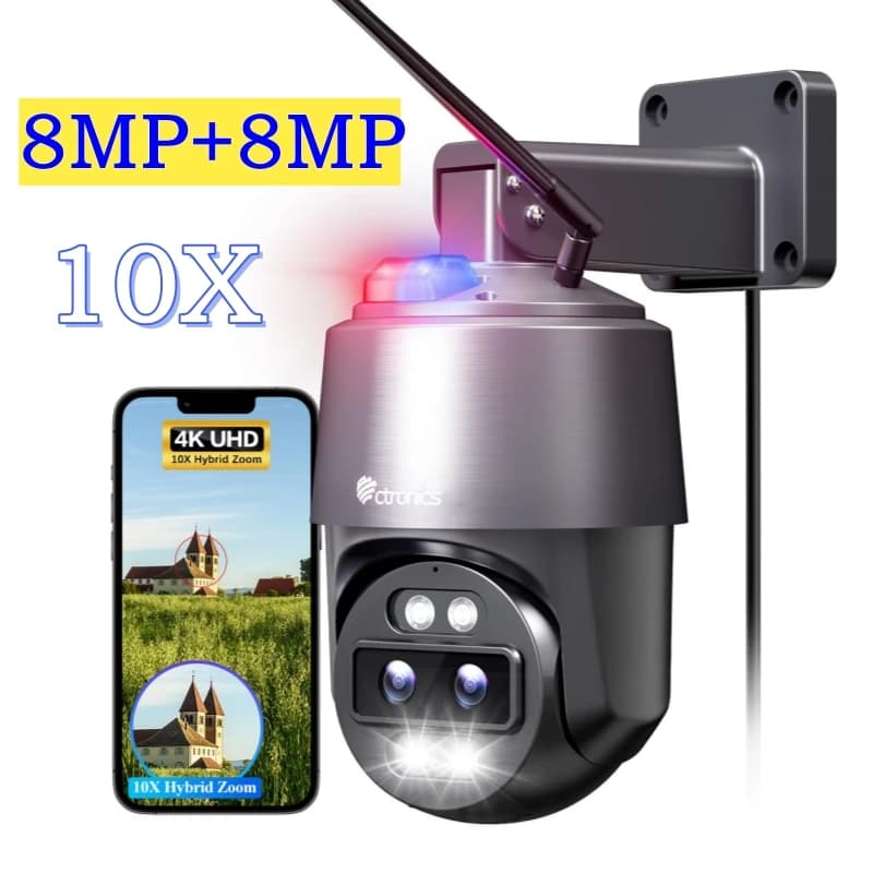 Ctronics-Caméra de permission Extérieure Wifi 4K, 16mp 8mp + 8mp, Objectif Touriste 360, Zoom existe