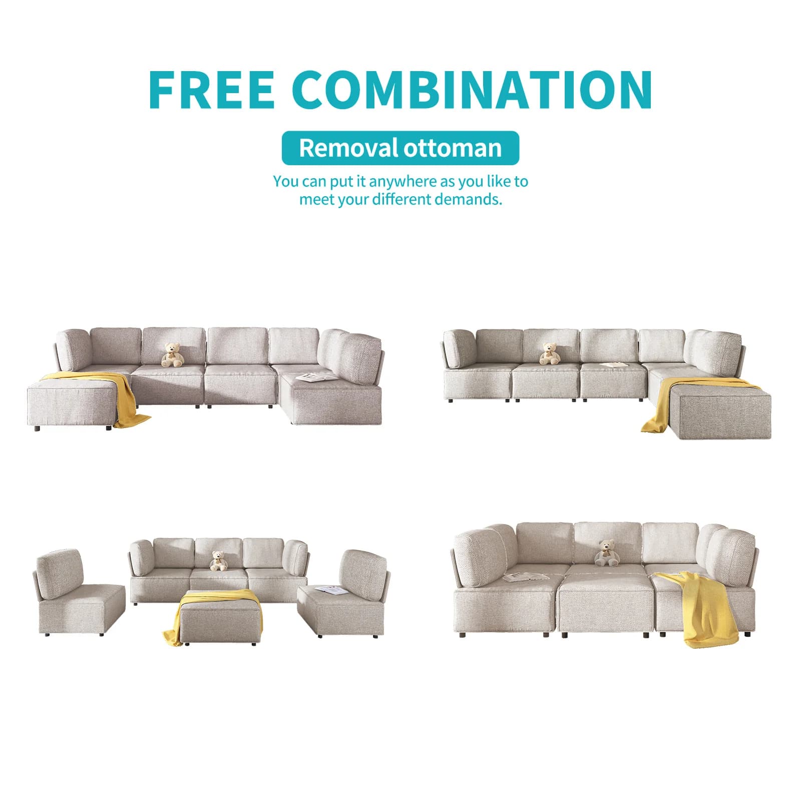 HORGgland-Canapé sectionnel modulaire en forme de U, canapé convertible aéré, pouf réversible, 6 pla